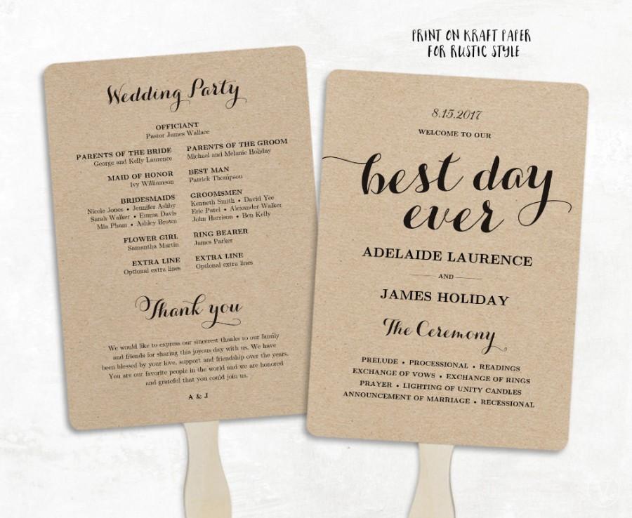 Mariage - Printable Wedding Program Template, Fan Wedding Program, DIY Kraft Wedding Programs,  Editable text, 5 x 7, 3 Colors Included, Best Day Ever