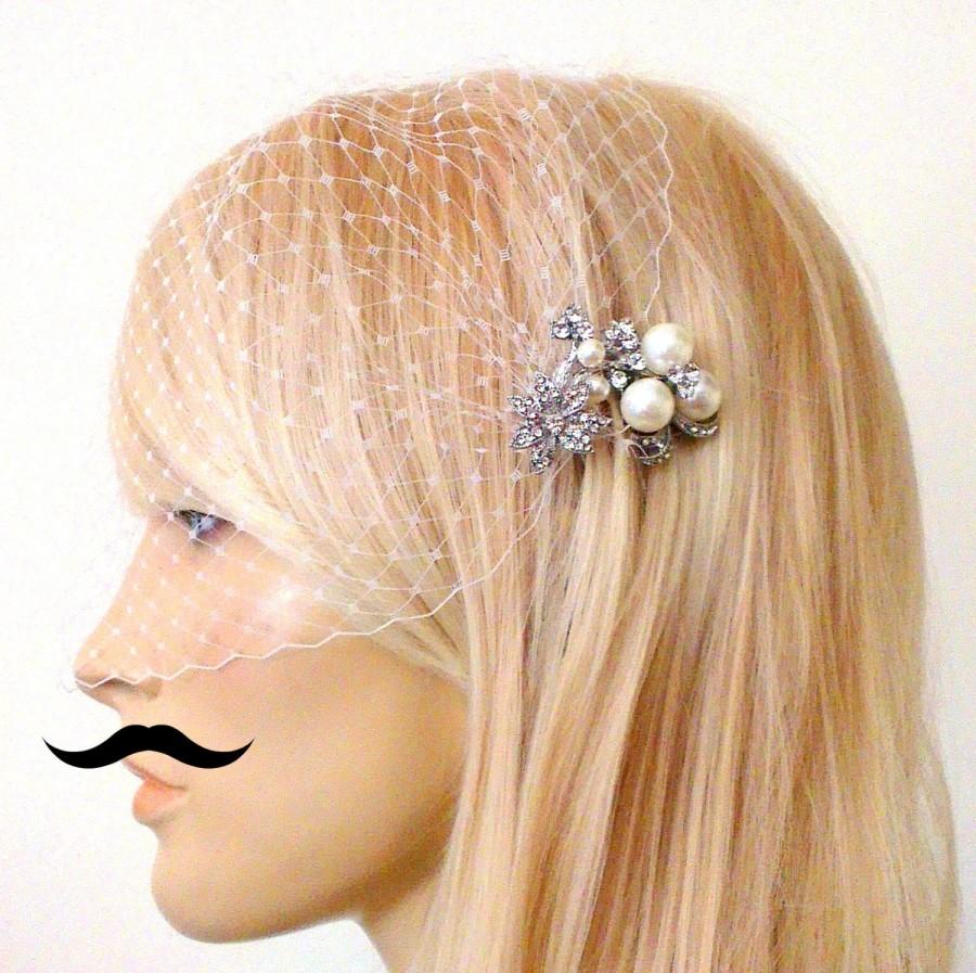Hochzeit - birdcage veil and a small bridal comb -  Swarovski Pearls Comb,Wedding comb,bridal headpieces , rhinestone bridal Hair comb
