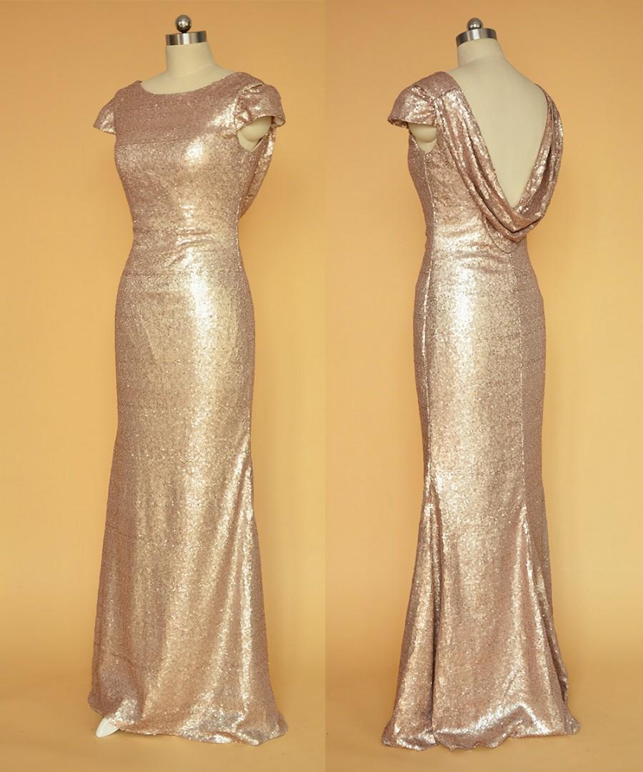 زفاف - Champagne Sequin Bridesmaid Dress / Long Cowl Back Prom Dresses/ Floor Length Bridesmaid dresses/ Champagne Evening Dress