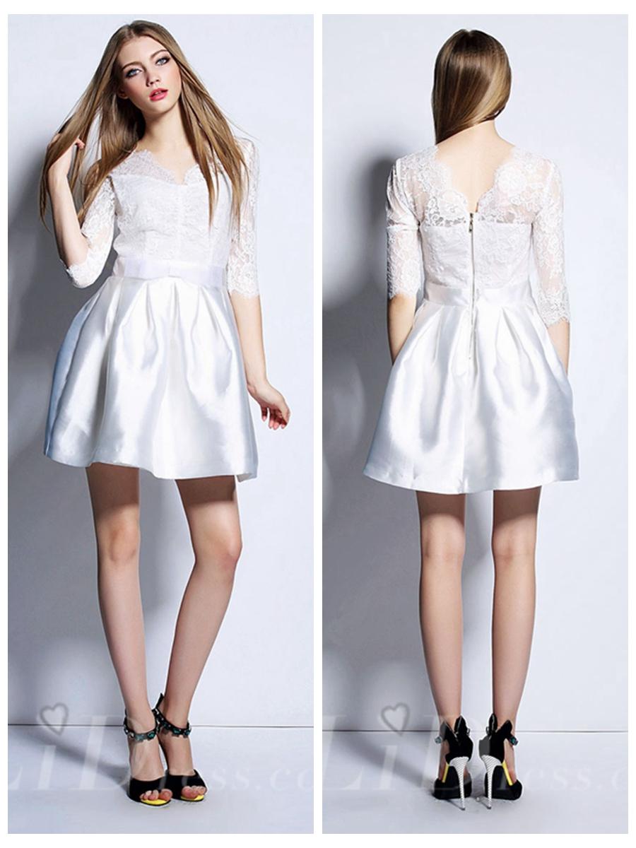 زفاف - White Half Sleeves Short Dress