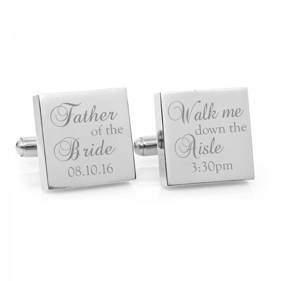 زفاف - Father of the Bride Walk Me Down the Aisle - Engraved personalized square silver cufflinks, personalised gift