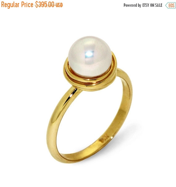 زفاف - ON SALE - GOLDEN Nest Pearl Engagement Ring ,14K Yellow Gold Pearl Ring, Italian fine jewelry