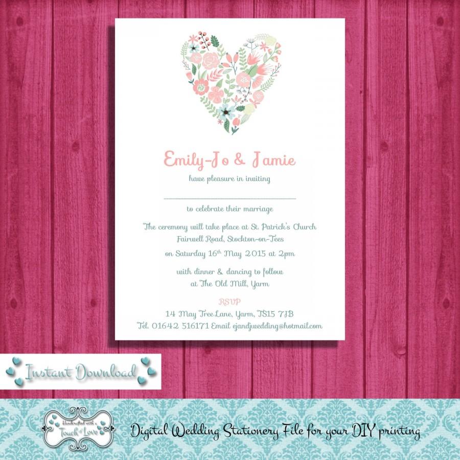 Wedding - Digital DIY Editable Wedding Invitation, Printable, Microsoft Word File, JPEG file, Floral Heart Instant Download
