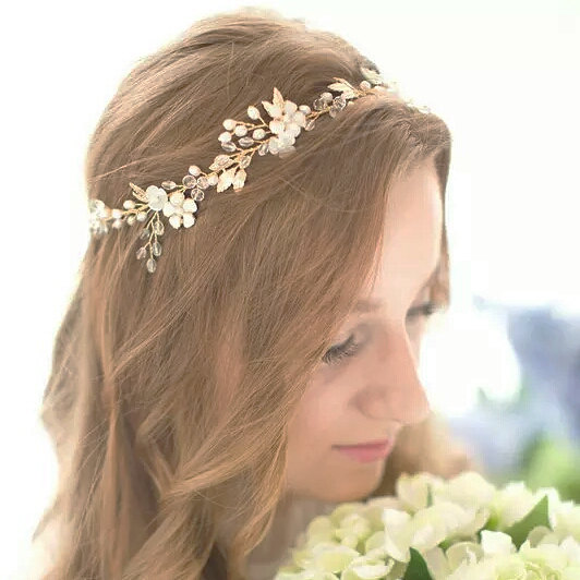 Wedding - Bridal wedding flower leaf grecian Gold headpiece, Gatsby Bride freshwater Ivory Pearl headband, Boho Bohemian hair tiara crown Halo