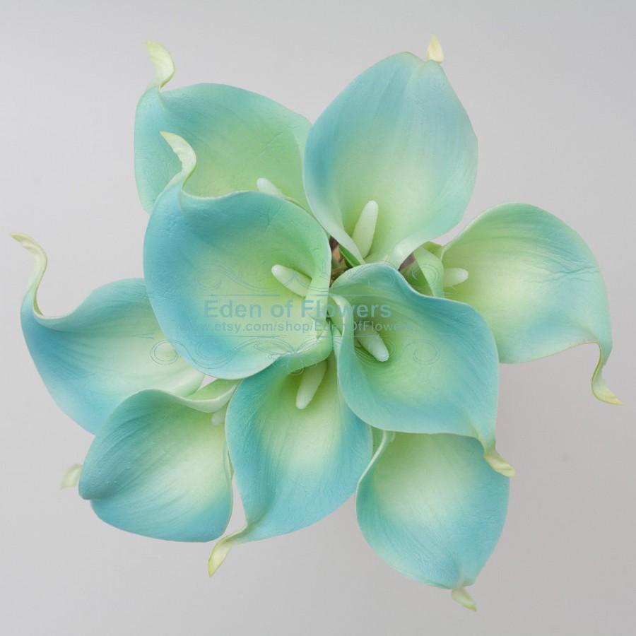 Hochzeit - Natural Real Touch Picasso Teal Calla Lilies Flowers for Wedding Bridal Bouquet Decoration Centerpieces