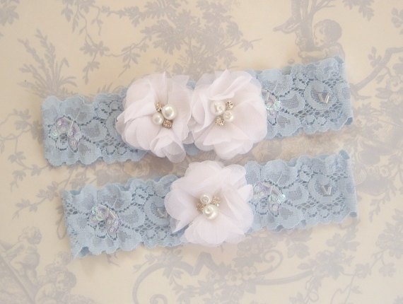 Wedding - Wedding Garter , Blue Garter Set with Toss Garter in Something Blue and White , Bridal Garter with Chiffon Blossoms pearls and rhinestones