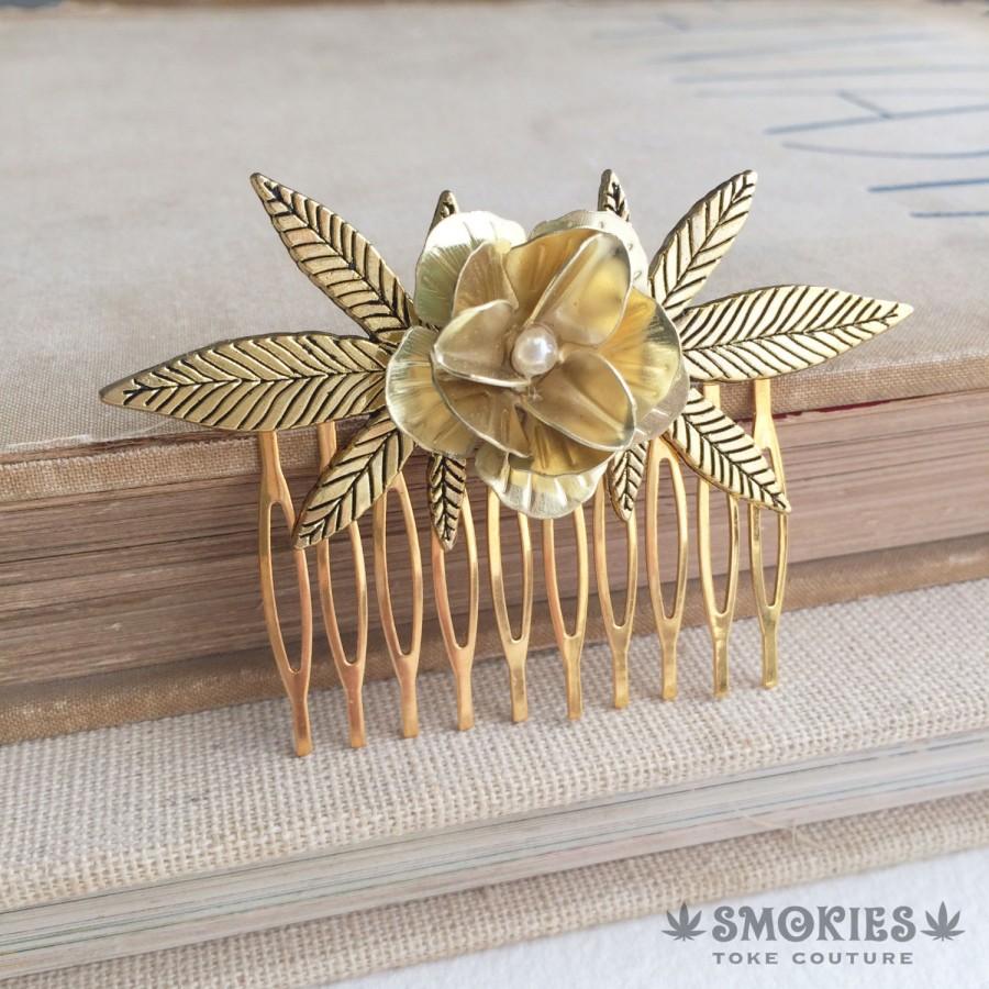 Hochzeit - Marijuana Gold Pearl Hair Comb,stoner gift,gold hair comb,bridal comb,classy wedding weed cannabis gift stoner accessories SMCO-0009-GPE