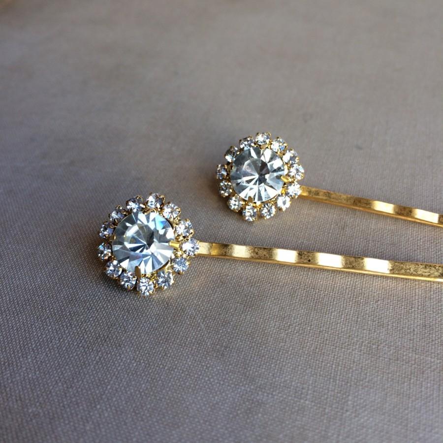 Hochzeit - Gold hair pins, Gold Bridal Crystal Hairpins 2 pc, Art Deco hair accessories rhinestone hairclip hair accessory bobby pin GOLD ROUND