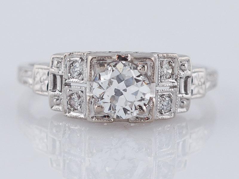 Hochzeit - Antique Engagement Ring Art Deco .48ct Old European Cut Diamond in 18k White Gold