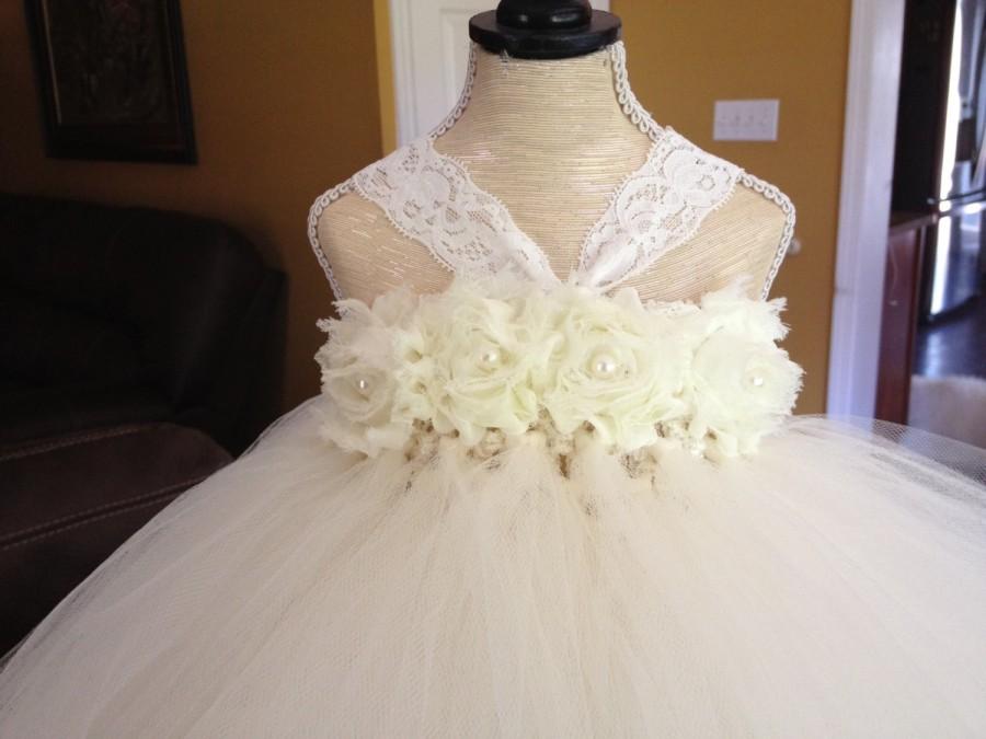 Hochzeit - Ivory Flower Girl Tutu Dress with Chiffon Shabby Roses and Pearls, Lace, Newborn-2T, 3T, 4T, 5, 6, 7, 8