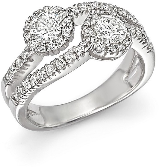 Hochzeit - Diamond Halo Two Stone Ring in 14K White Gold, 1.15 ct. t.w.