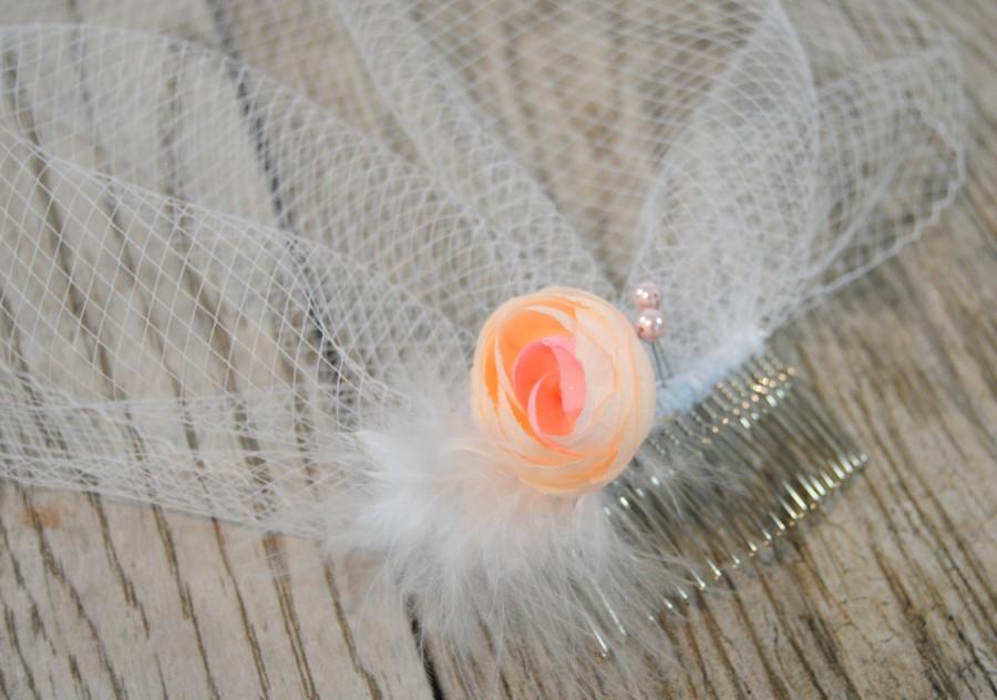 Wedding - Rose and Feather Birdcage Veil - Pearl Birdcage Veil - Flower Wedding Veil - Feather Mini Veil - Short Bridal Veil with Rose - Satine