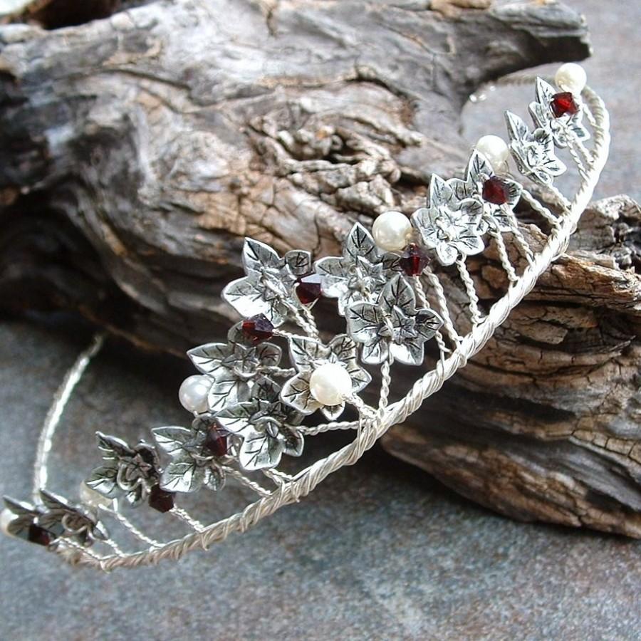 Hochzeit - Garnet and Silver or Gold Ivy Leaf Tiara with pearls