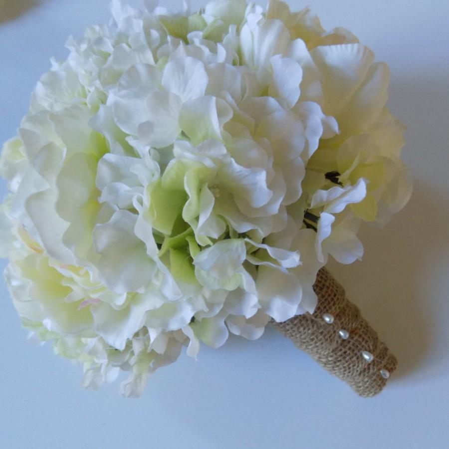 Mariage - White Hydrangea and White Peony Bridal Bouquet with Burlap Wrap,  Custom Order Matching Bridemaids Bouquets, Wedding Flower Package