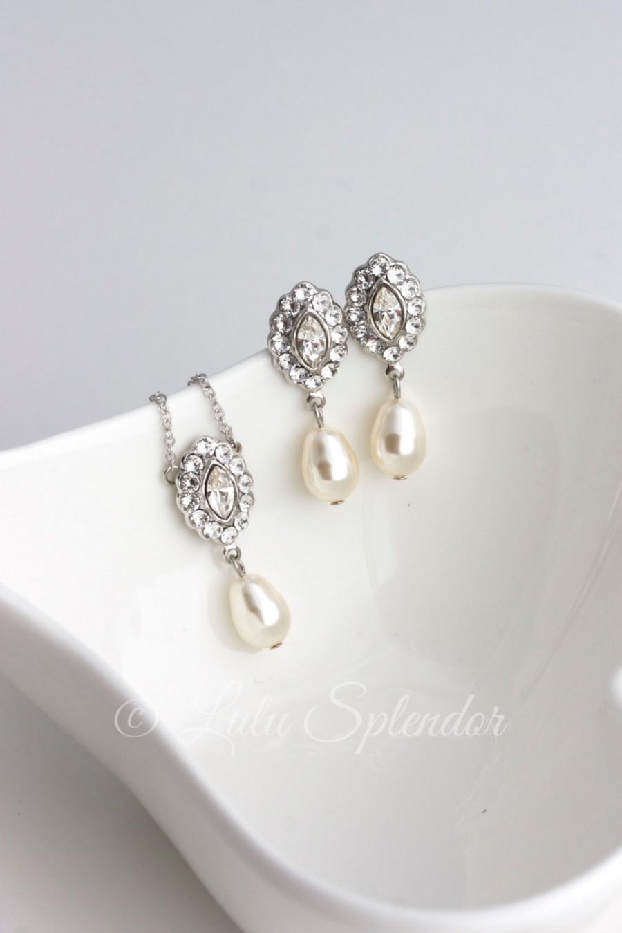 Wedding - Pendant Wedding Necklace Bridal Necklace and Earrings Set Simple Wedding Jewelry Pearl Drop Necklace and Earrings MAE