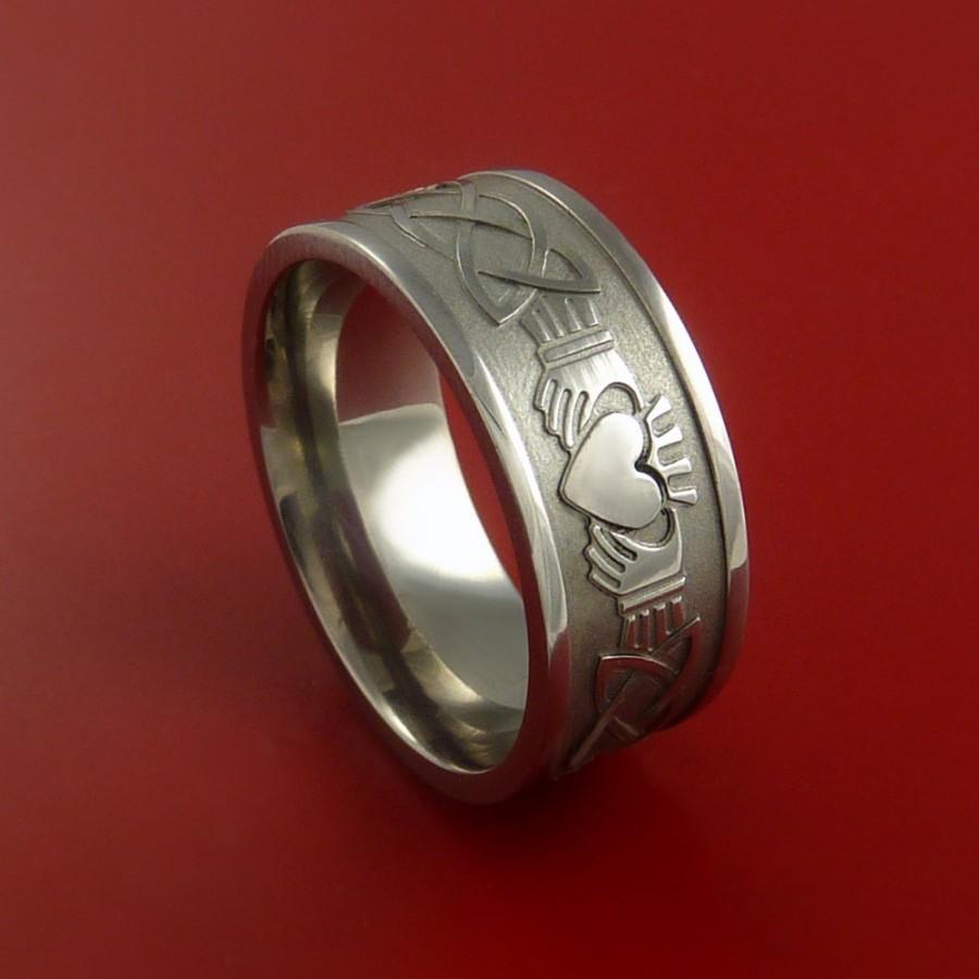 Hochzeit - Titanium Celtic Irish Claddagh Ring Hands Clasping a Heart Band Carved Any Size Ring 4 to 20