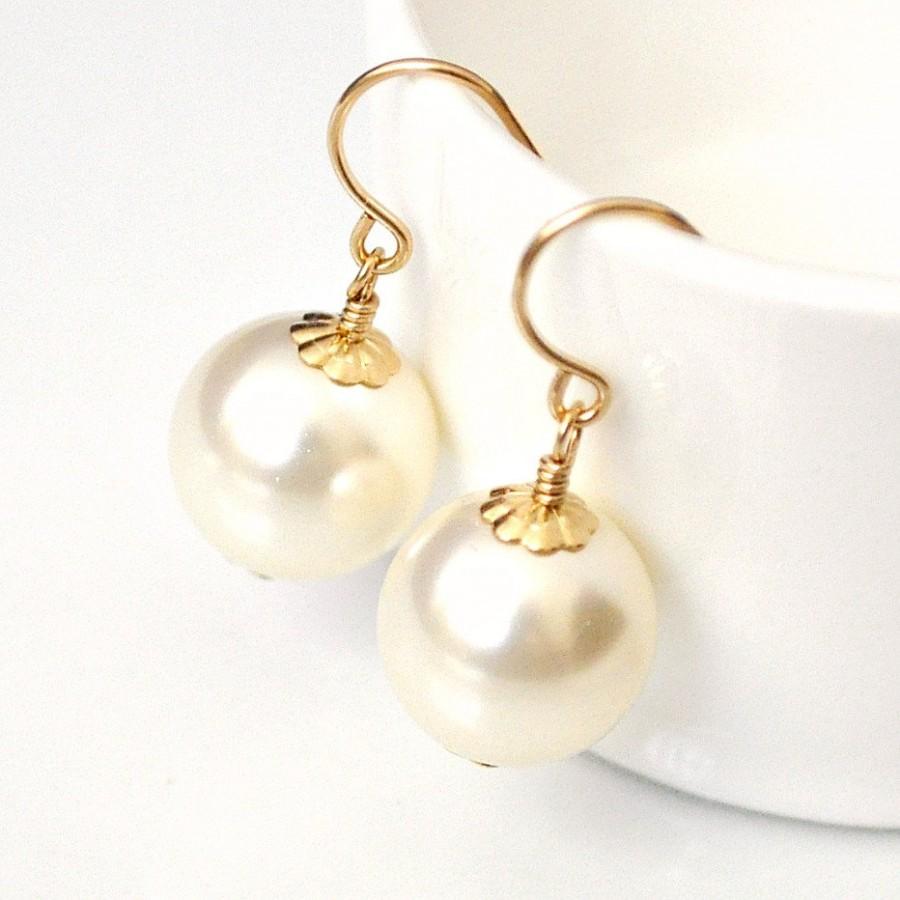 Gold Bridal Earrings. Ivory Pearl Drop Earrings. Drop Swarovski Pearl