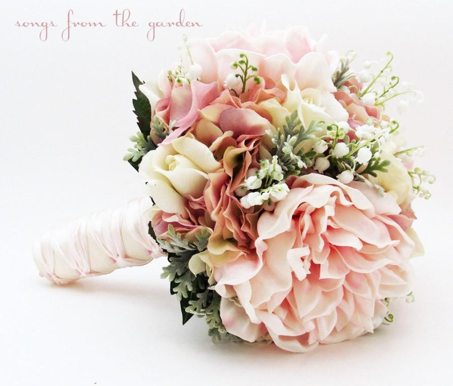 Wedding - Bridal Bouquet Lily of the Valley Peonies Roses Hydrangea Pink and White- Customize for Your Colors