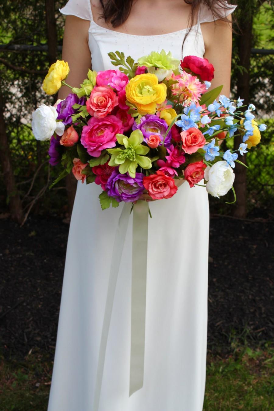 زفاف - Colourful Rainbow Artificial Fake Wedding bouquet, Summer Bouquet, Natural Bouquet, Boho Bouquet- Roses, Peonies, Ranunculus, Daisy
