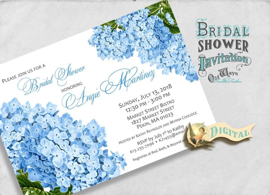 Wedding - Printable Blue Hydrangea Bridal Shower Invitation - Cottage Chic Vintage Flowers - Custom Floral Invite DIY 5x7 or 4x6  Digital File