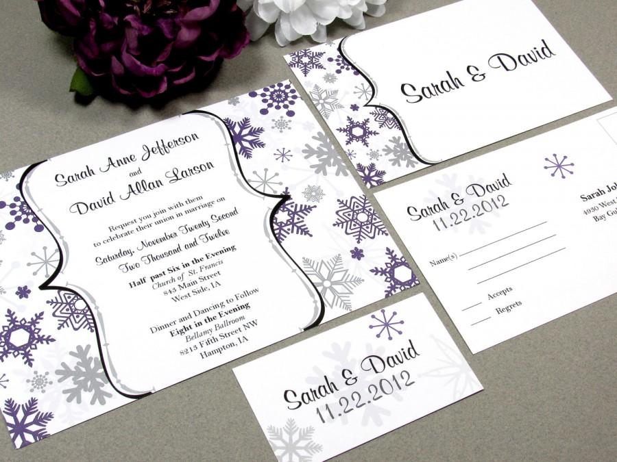 Hochzeit - Winter Snowflake Wedding Invitation Set by RunkPock Designs : Modern Script Calligraphy Invitation Suite shown in dark purple / gray / black