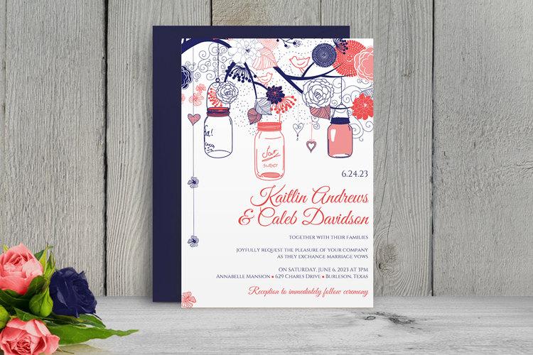 Mariage - DiY Wedding Invitation Template - Download Instantly - EDITABLE TEXT - Mason Jar Blossoms (Navy & Coral)  - Microsoft® Word Format