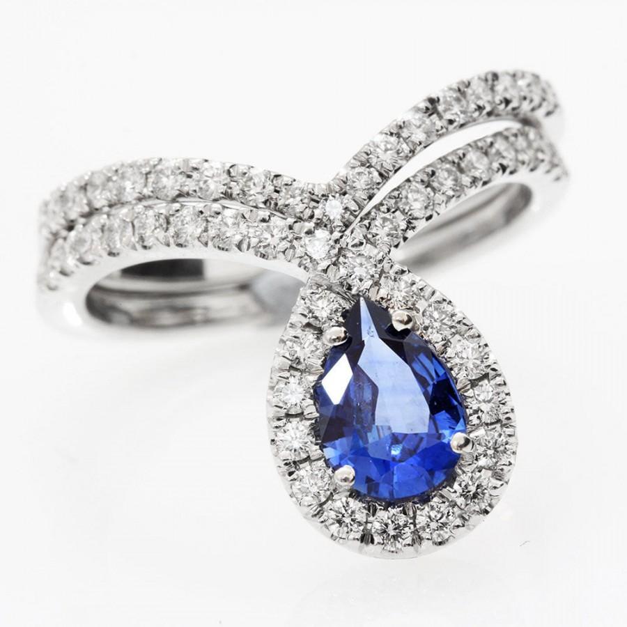 Wedding - Blue Sapphire Peare Shaped Diamond Wedding Engagement Ring Set - "Bliss" - Gemstone Blue Engagement Ring- Handmade by Silly Shiny 