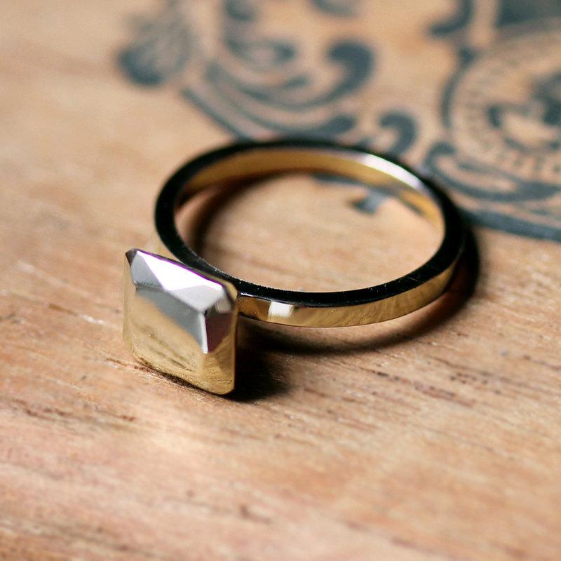 زفاف - 14k yellow gold engagement ring - modern - faceted metal gem - diamond alternative - Modern Rock Asscher - square cut - made to order