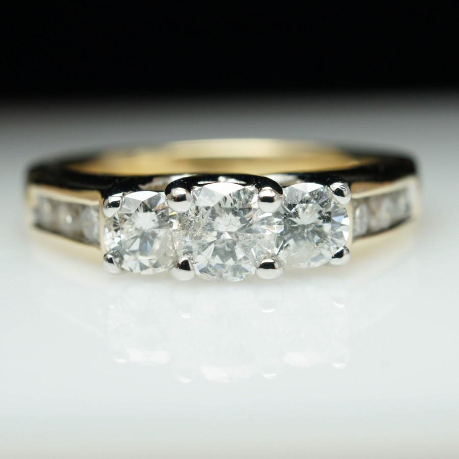 Hochzeit - Vintage 3 Stone Diamond Engagement Ring 14k Yellow Gold Three Stone Channel Set Side Diamonds Wedding Ring Band