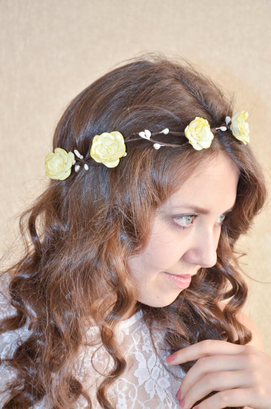 زفاف - Flower crown, Rustic wedding hair accessories, Bridal headpiece, Floral headband, Wreath, Yelow