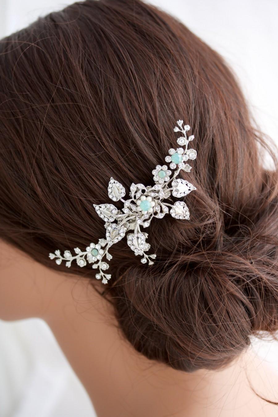 زفاف - Wedding Hair Comb Wedding Hair Piece Vine Leaves and Crystal Flowers  Pacific Opal Sapphire Blue  HARLOW VINE