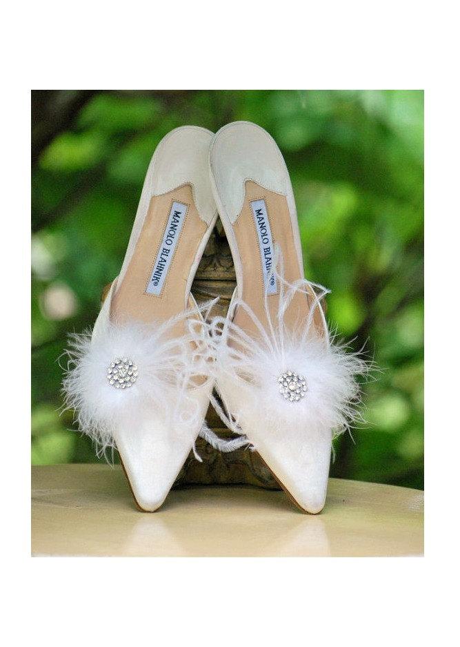 Свадьба - Shoe Clips White Feathers Puff & Rhinestone. Bride Bridal Bridesmaid Couture, Spring Wedding Statement. Romantic Boudoir Burlesque Whimsical