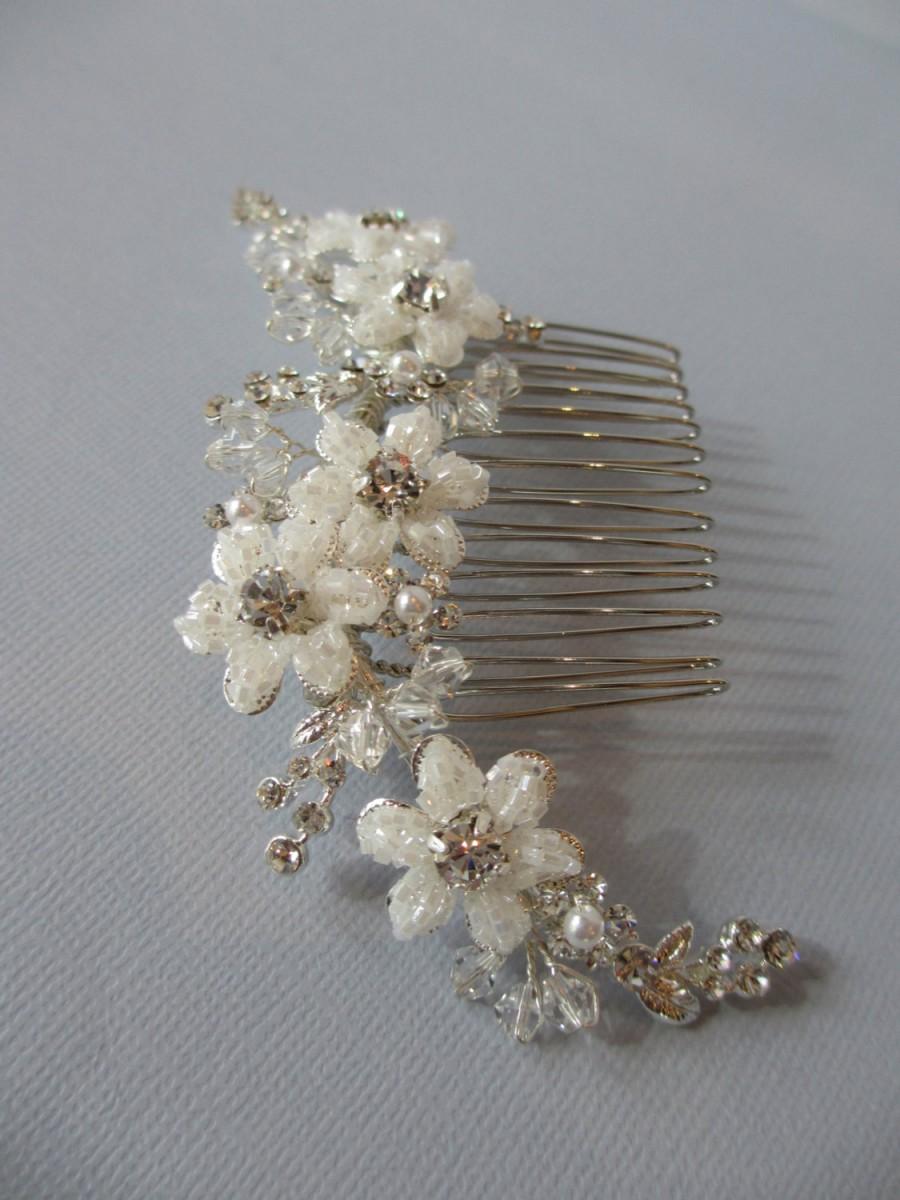 Wedding - Clematis Hair Comb, Hair Vine, White opalescent seed beads, Bridal Hair Accessories, Handcrafted Beadwork, Swarovski Crystals