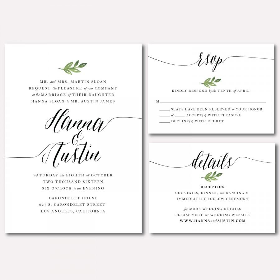 Свадьба - Printable Wedding Invitation Suite - Botanical Minimalist Leaf - Watercolored Leaf