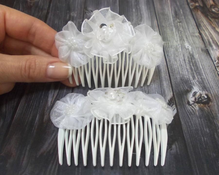 زفاف - Blossom hair comb, White floral comb, Set of 2, Bridal hair accessories, Wedding hair flower