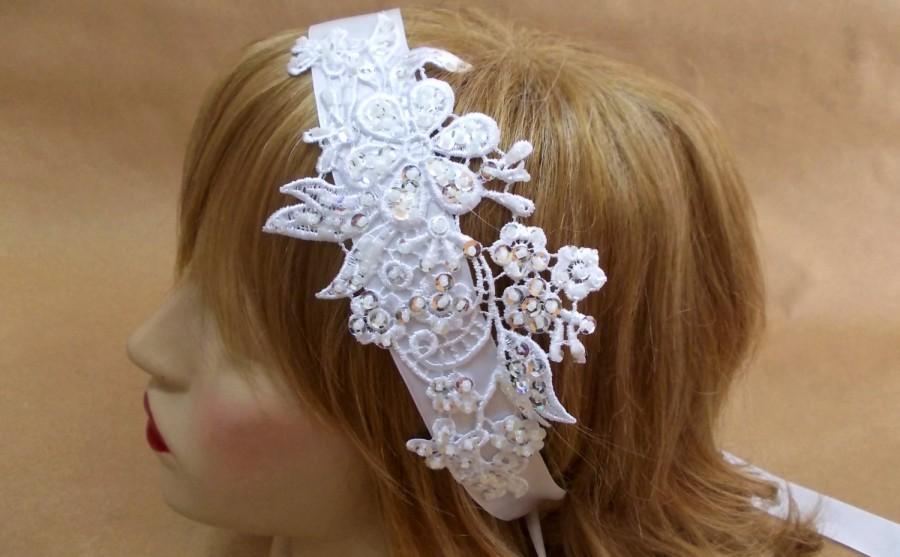 Свадьба - Bridal Lace Headband, Lace Applique Fascinator, Rhinestone Embroidered Lace Wedding Hairband, Wedding pearl Hairband, Vintage Style Headband