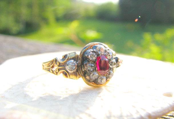Wedding - Antique Ruby Diamond Ring, Gorgeous Ruby, Old Mine Cut Diamonds, 18K Gold, Detail Work, Full Hallmarks and Hand Engraving, Circa 1850
