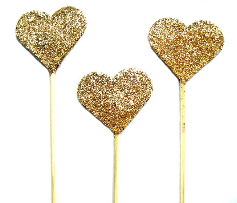 Wedding - Big Gold Glitter Heart Cake Topper - Set of 3 - wedding, engagement, birthday, baby shower, tea party