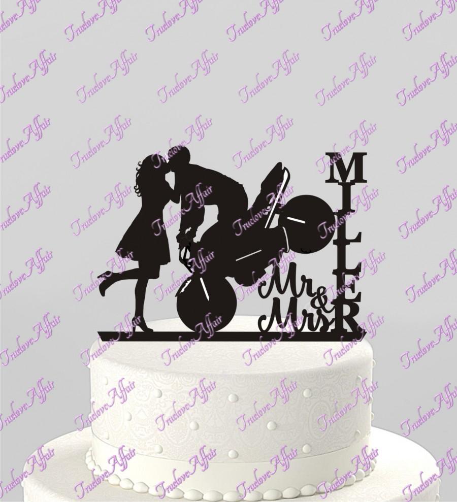 Wedding - Wedding Cake Topper Silhouette Motorcycle Couple Mr & Mrs Personalized with Last Name, Acrylic Cake Topper [CT123]