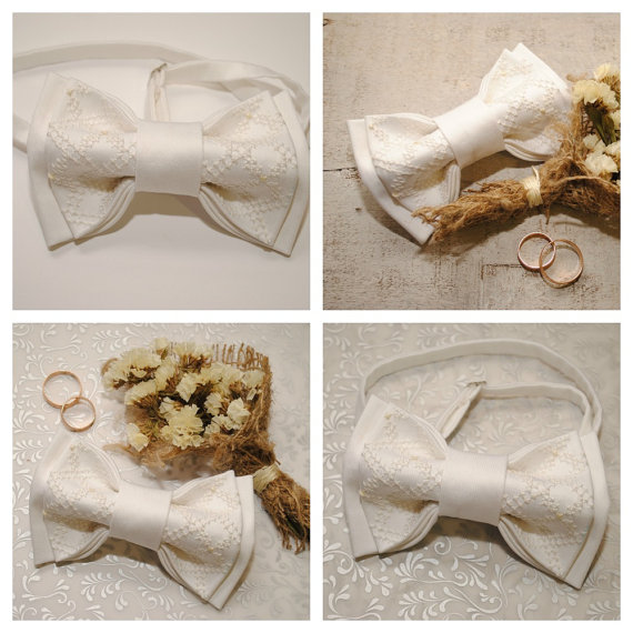 Свадьба - Embroidered white bow tie Groom's bowtie Classic wedding Well to coordinate with stuff in Pearl Ivory Alabaster Snow Cream Egg shell Daisy