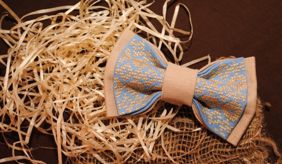 Wedding - Men's bow ties Embroidered beige blue bow tie Groomsmen bowtie Gift for him Anniversary gifts for husband Swag Fashion Christmas gift idea