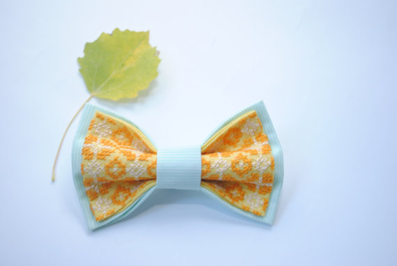 Wedding - Embroidered bowtie Mint striped yellow Fabric Brown Ivory pattern Gift for her Gift ideas for him Brother's gifts for birthday Men's ties