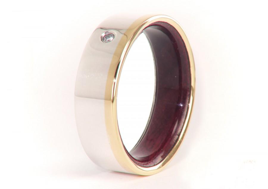 Mariage - Olive Wood Ring 18K Gold and Silver - Diamond - Mens Wedding Band