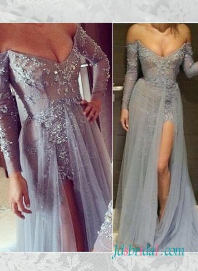 زفاف - PD16063 Grey color lace prom dress with long sleeves slit skirt