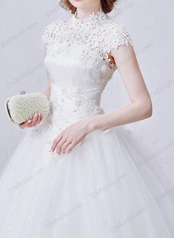 Wedding - IS043 Illusion lace high neck bling tulle ball gown wedding dress