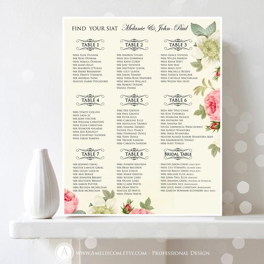 Wedding - Printable Wedding Seating Chart with names of the guests 20 X 16 - EDITABLE - Vintage Floral High Rez PDF Digital File