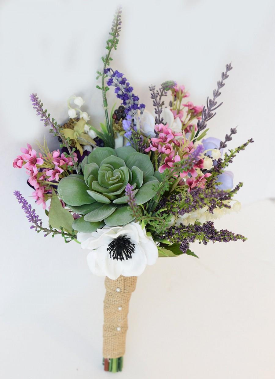 Hochzeit - AMAZING Plum Purple Lilac Wedding Silk Succulent and Anemones Sprays Silk Flower Bride Fall Rustic Bouquet