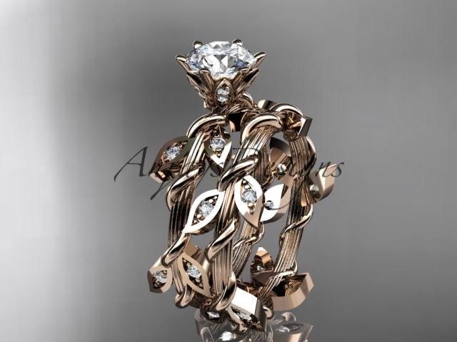 زفاف - 14k  rose gold diamond leaf and vine wedding ring,engagement ring,engagement set ADLR20S
