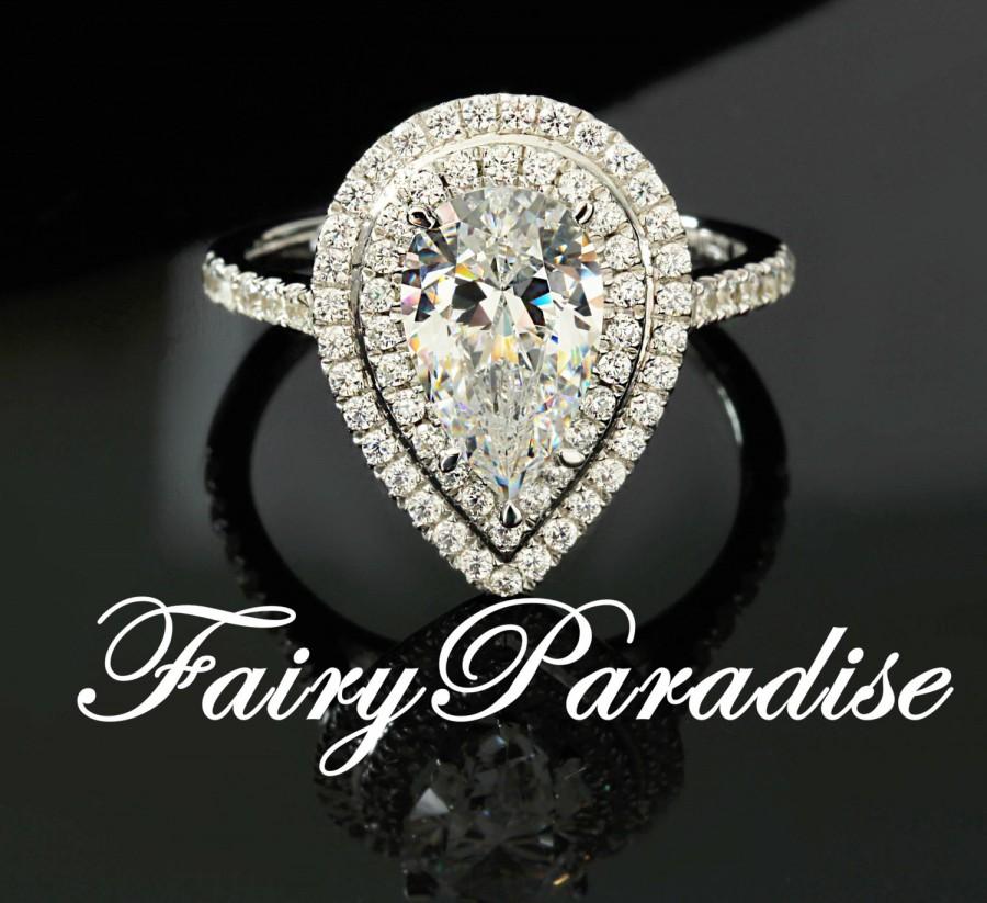 زفاف - Art Deco 3 Ct Pear Cut Double Halo Engagement Ring / Promise Rings, Man Made Diamond in 925 sterling silver with gift box (FairyParadise)