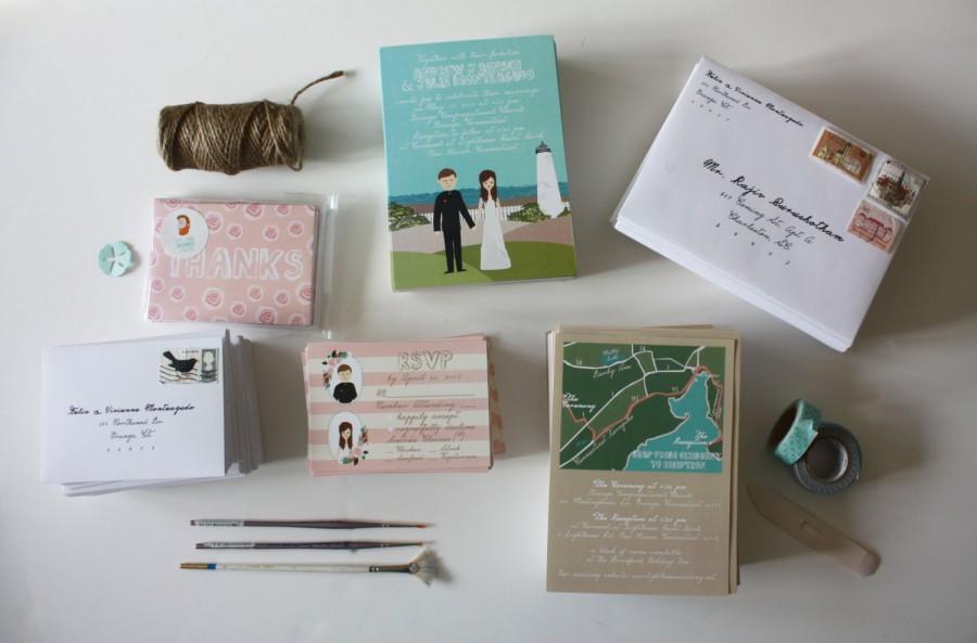 زفاف - Invite Card, RSVP, & Map/Reception Card : Custom Illustrated Wedding Invitations, Design Fee